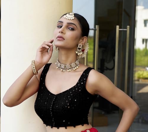 Image of Vihu Fashion Women's Readymade Fancy Potli Pattern Blouse Embroidery Lucknowi Work Sequence Work Indian Ethnic Designer Sleeveless Blouse Readymade Sweetheart Neck Blouse Women Blouse