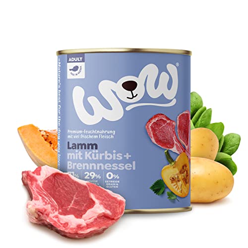 WOW Hundefutter nass Adult mit Lamm, 6X 800g I reichhaltiges Nassfutter für ausgewachsene Hunde Aller Rassen I Beste Qualität mit viel Fleisch, Kürbis & Brennnessel I hohe Akzeptanz & Verträglichkeit