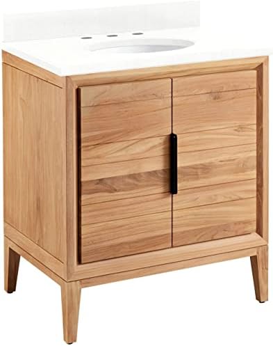 Signature Hardware 459145 Aliso 30" Free Standing Single Vanity Set with Teak Cabinet, Vanity Top, and Oval Undermount Sink - 8" Faucet Holes - Natural Teak/Feathered White