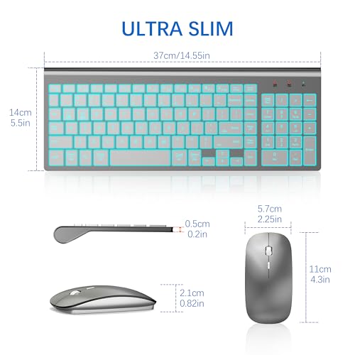 Image of Wireless Backlit Keyboard and Mouse Ultra Slim Combo, TopMate 2.4G Silent Compact 2400DPI Mouse and Scissor Switch Keyboard Set, Batteries Included, for PC /Laptop /Windows /Mac /Gaming - BL Gray Silver
