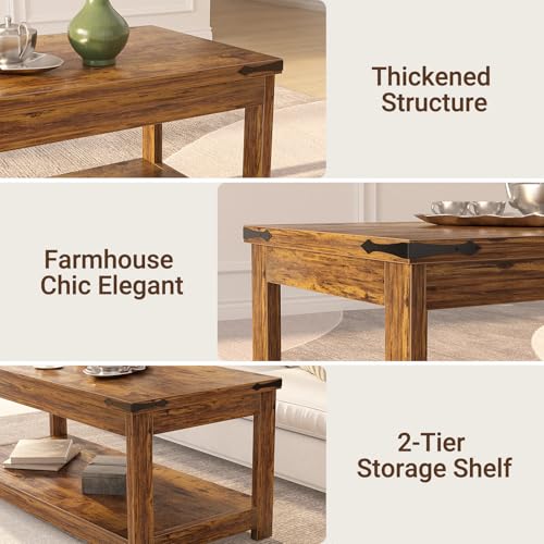 Homieasy 43.3” Rectangular Coffee Table with Storage Shelf, Farmhouse Wood Center Table for Living Room, Modern Black Tea Table with Open Shelf, Rustic Brown