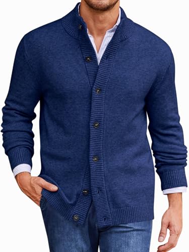 Runcati Mens Cardigan Sweater Stand Collar Casual Button Down Open Front Ribbed Winter Sweaters