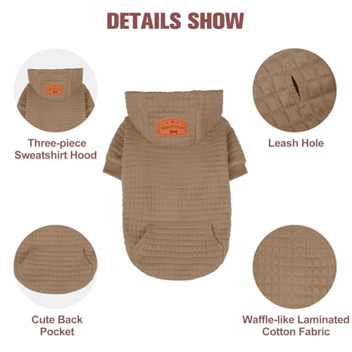 Image of BEAUTYZOO Small Dog Hoodie Sweater with Pockets, Dog Clothes for Small Medium Dogs Boy Girl, Waffle-Like Laminated Cotton Pet Coats with Hat and Leash Hole, Khaki XXS