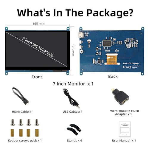 Image of 7 Inch LCD Touch Screen, 1024x600 IPS Display with Stand, HDMI Portable Monitor for Raspberry Pi 5 /4B /3B+ /3B /B+ /Zero /400, BB Black, Windows 10 8 7, Free Driver