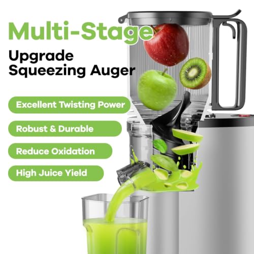 Image of EanOruus Cold Press Juicer, 5.8 inch Wide Feed Chute Juice Extractor Machine with 400W, High Juice Yield, Slow Masticating Juicer for Whole Vegetables & Fruits, Silver