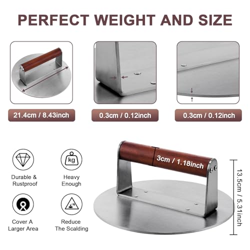 Whaleme Stainless Steel Burger Press, 8.5\" NonStick Hamburger Smasher Tool & Grill Press, 2.5 lbs Heavy Duty Bacon with Wood Handle for Blackstone Camp Chef Pitboss Weber Griddle Grills(Round)