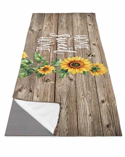 BOSIJOY Yoga Mat Towel,Watercolor Sunflower Bee on Wood Non Slip Sweat Absorbent Hot Yoga Towels with Corner Pockets,Home Quote Brown Wooden Soft Microfiber Towel for Pilates Bikram 70