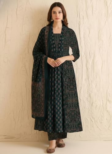 Image of ANNI Designer Women's Viscose Printed A-Line Kurta Set with Pant and Dupatta | Ethnic Wear Dress | V-Neck | 3 /4 Sleeve Indian Traditional Outfit for Women