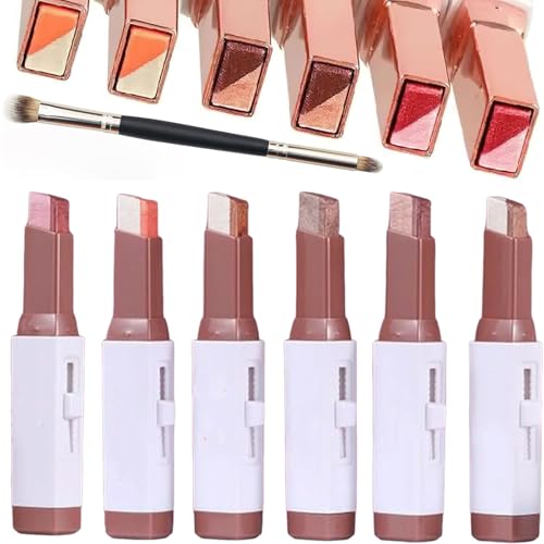6 Color Eyeshadow Stick Set with Brush 3Pcs Portable Two Tone Eyeshadow Gradient Stick Glitter Gradient Waterproof Eye shadow Pen Long-lasting Wear Smooth Texture for Eye Make Up Tool (Pink)