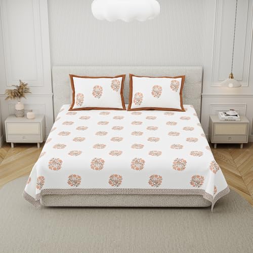 Image of DE CAMA Since 1997 | 100% Cotton 300 TC Premium King Size Bedsheet for Double Bed (90 x 108 Inch) with 2 Pillow Covers Set (17 x 27 Inch) Designer Printed Bedsheet Set - Birds of Wings Orange