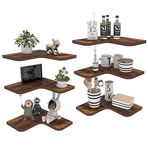 Corner Shelf for Wall Mounted 6 Pack, Rustic Wood Brown Floating Wall Shelf for Bathroom Kitchen Bedroom Living Room