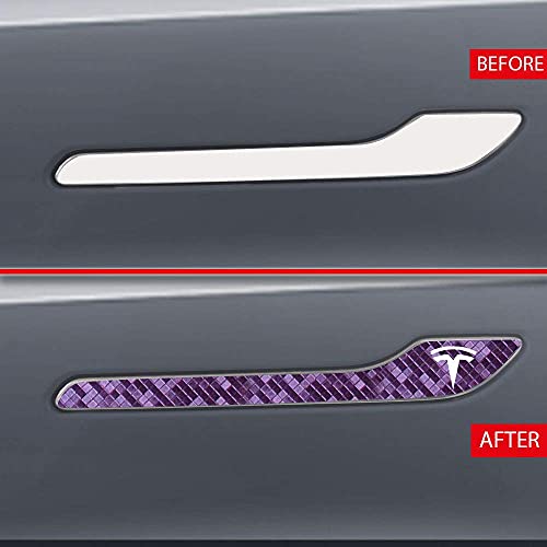 Image of IPG Compatible for Model 3 / Model Y /Juniper Door Handle Decal Sticker Wrap Kit (Set of 4) with Tesla Logo Personalize Your Tesla (Purple to Blue Chameleon)