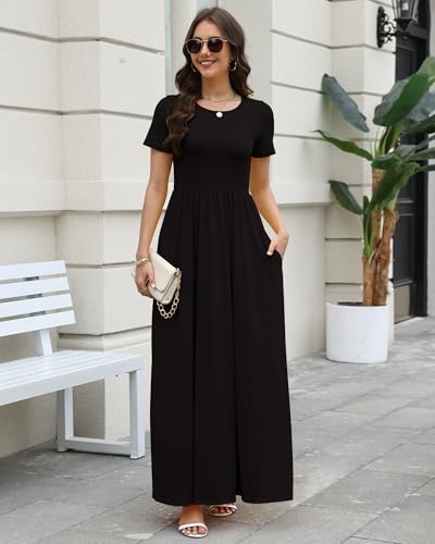 Image of COSSEN Women's Crew Neck Short Sleeve Maxi Dress with Pockets Casual Loose Swing for Wedding Guest Beach Vacation