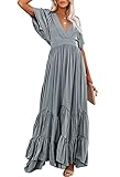 Meenew Women's Deep V Neck Long Flowy Dress Ruffled Summer Maxi Dress XL Gray