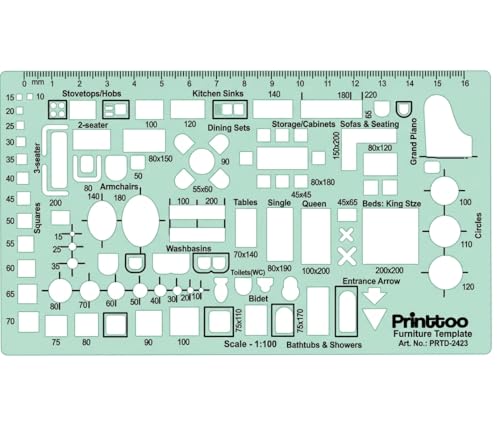 Printtoo 2mm Thick Architectural Furniture Template Stencil, 18 x 10.2 cm, Reusable Transparent Green Acrylic Drafting Tool for Floor Plan, Interior Layout, Home Furnishing & Bath Design