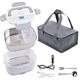 Electric Lunch Box, 3 in 1 Food Heater Portable Microwave Electric Lunch Boxes with Insulation Bag for Car Truck Office 12V 24V & 110V, 1.5L Stainless Steel Food Warmer and Heater Container (Grey)