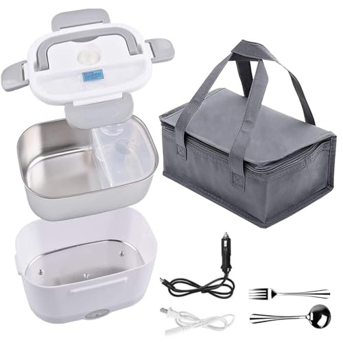 Electric Lunch Box, 3 in 1 Food Heater Portable Microwave Electric Lunch Boxes with Insulation Bag for Car Truck Office 12V 24V & 110V, 1.5L Stainless Steel Food Warmer and Heater Container (Grey)