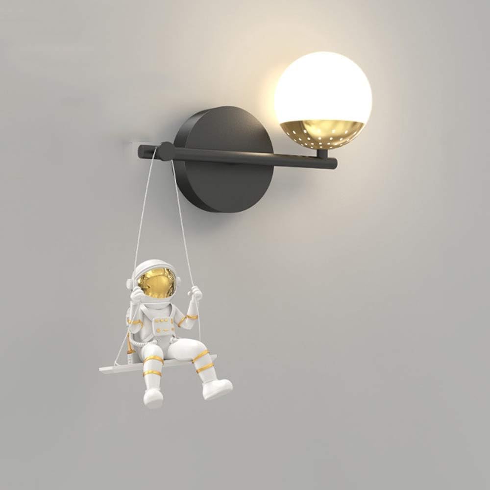 SXSCARKX Modern Light Luxury Kids Wall Sconce Dimmable LED Astronaut Mount For Bedroom Hardwired Black Mid Century Lamp With White Milk Ball Bedside Children Nursery