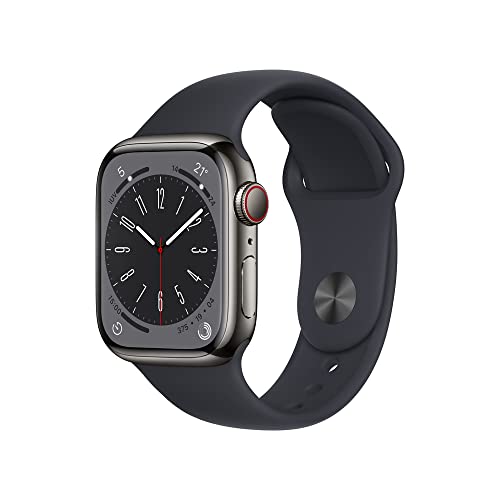 Apple Watch Series 8 (GPS + Cellular), Smartwatch com caixa grafite de aço inoxidável – 41 mm • Pulseira esportiva meia-noite – Padrão