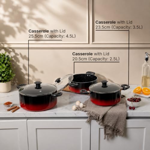 Image of Kreme Aura Granite Non Stick 8 Pcs Cookware Set | Aluminum Casserole Set with Glass Lid | 2.5 LTR + 3.5 LTR + 4.5 LTR | Uses Less Oil | Induction Base Gas Compatible | Biryani Pot | PFOA-Free, Red