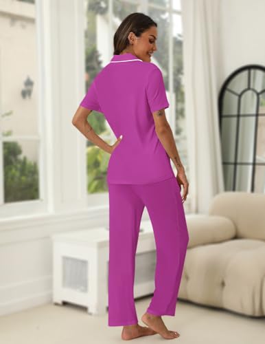 Image of HNG Women Pajamas Set 2 Piece Button Up Pajamas Pant and Short Sleeve Shirt for Woman Pj Sets with Pocket
