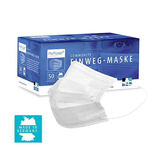 ProPulsan - 50 Stück Einwegmaske Weiß Alltagsmaske Größe M - Alltagsmaske Made IN Germany I 3lagig mit Nasenbügel aus Metall und stabilen Ohrschlaufen I Fusselfrei, ohne Glaspartike Cover