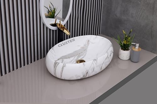 Image of CLUSTER Designer Glossy Ceramic Table Top Wash Basin For Bathroom | Countertop Bathroom Sink For Livingroom, Resturant Decor, Oval Shape (24 x 16 x 6 inch)