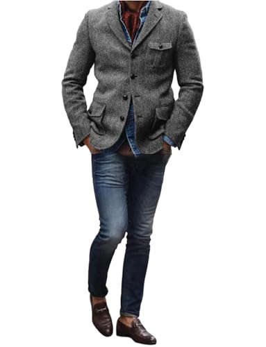 Men's Herringbone Suit Jacket Single Breasted Button Coat for Party Banquet Daily