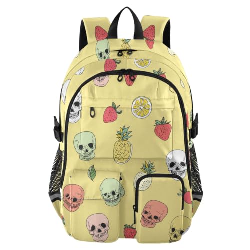 Mochila de viaje para oficina y clases: diseño de calavera frutal amarillo pastel de 17.5"