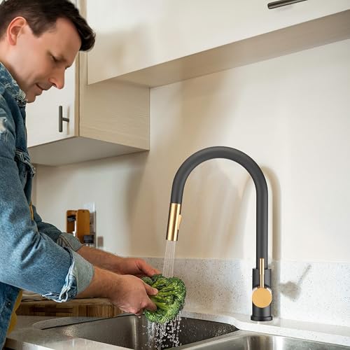 Image of Dura Faucet DF-MK530SLK-MBRG RV Pull-Down Kitchen Faucet (Matte Black) | Single handle pull-down kitchen faucet for RV and camper galleys. Matte Black /Rose Gold finish. Easy DIY install.
