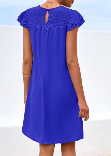 Image of KIRUNDO Spring Dresses for Women 2024 Casual Ruffle Sleeve Crew Neck Mini Tunic Shift Dress Cute Summer Flowy Chiffon Dresses(Royal Blue, Medium)