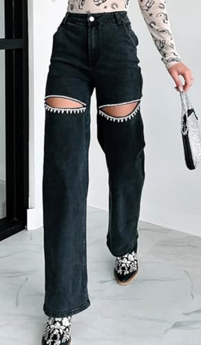 Women's High Waist Straight Wide Leg Y2K Denim Pants Cut Out Rhinestone Jeans Streetwear3