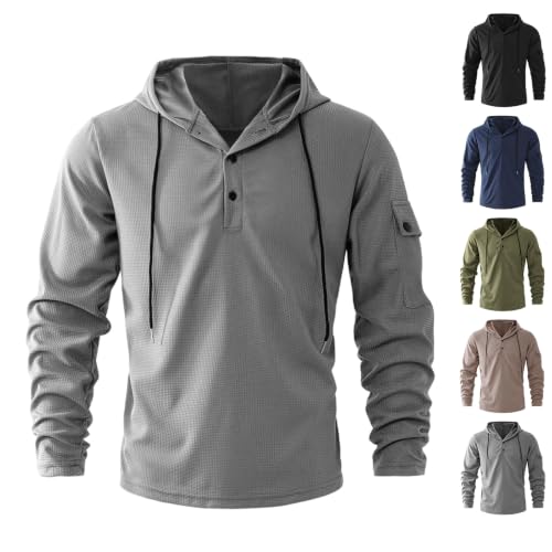 Mens Waffle Long Sleeve Shirt Hooded Hoodie Button Down Shirt Blouse - image 1