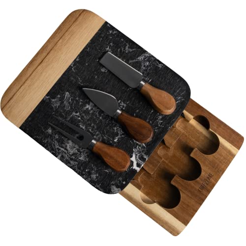Product Image of the Cheezcare Marble Cheese Board - Acacia Wood Tray With 3-Knife Set - Charcuterie Board for 2-6 People - Great Gift for Weddings, Anniversary & Housewarming Parties - Black