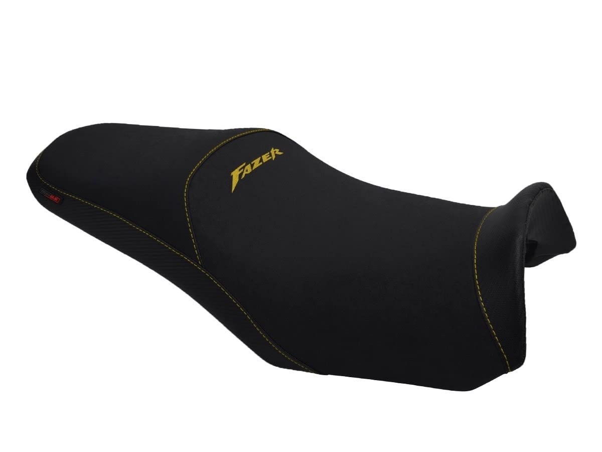 Funda de Asiento Compatible con Yamaha FZS1000 Fazer 2003-2004 Color Negro con Costuras Amarillas y Logo Amarillo