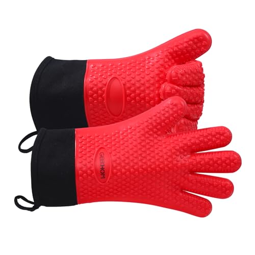 Image of GEEKHOM BBQ Gloves Heat Resistant Oven Mitts - Silicone Grilling Gloves with 13.7 inch Arm Protection - Waterproof Pot Holder Non-Slip for Men & Women, Kitchen Outdoor Cooking, Baking, Camping, Red