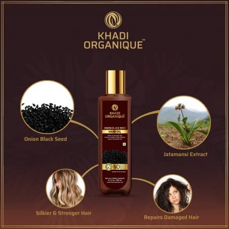 Image of Khadi Organique Onion Black Seed Hair Oil | Natural Blend with Curry Leaf & Cumin | Promotes Strong, Silky & Healthy Hair | Nourish Scalp & Helps in Hair Growth | No Mineral Oils or Silicones - 200ml