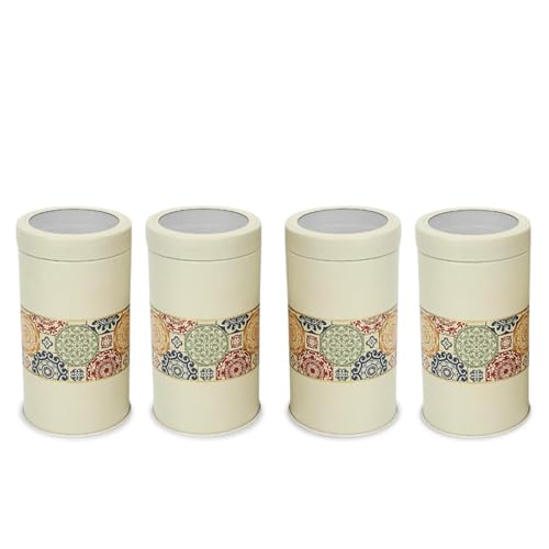 Image of Mandala Collection Airtight Kitchen Container Set| 850ML- Set of 4| Food Grade Metal Jars for Cookies, Rusk, Candies & Snack Storage | Vacuum Lid, Rust Resistant| Beige Rangoli Canisters