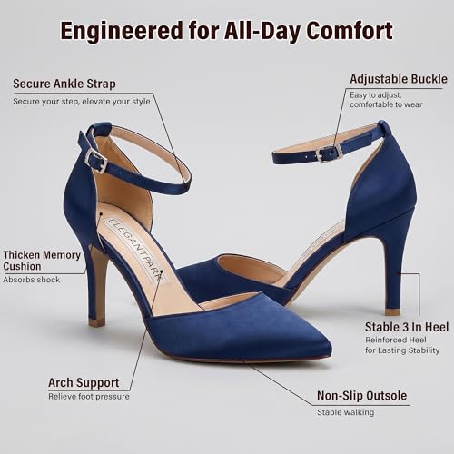 Image of ELEGANTPARK Pointed Toe Heels for Women, Satin Wedding Evening Dress Shoes | Adjustable Ankle Strap, 3 Inch Stable High Heel Pumps for Women, Bridesmaid, Wedding Guest, Reception, Prom, Evening Events