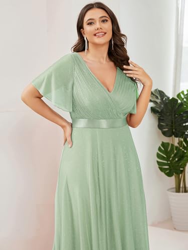 Image of Ever-Pretty Plus Women's Glitter Formal Dress Evening Gown for Gala V-Neck Short Sleeve Floor Length Plus Size Prom Dresses