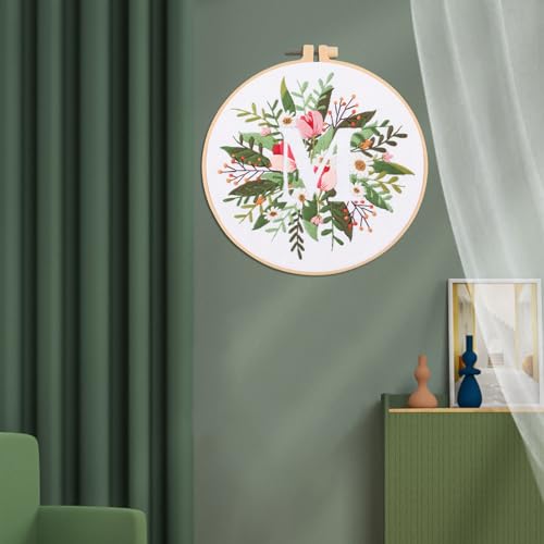 Image of IUHUI Embroidery Kit for Beginners Adults - 26 Floral Letters Easy Patterns, DIY Hand Stitching Embroidery Set with Hoop (Flower and Grass Letter M)