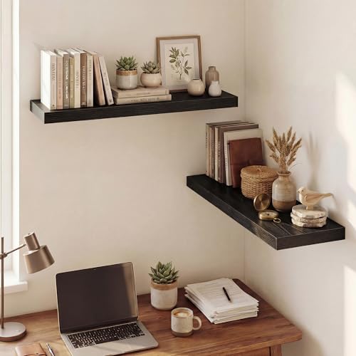 Image of Dreamland 32 Inches Floating Shelves for Wall, 9.3 inch Deep Long Floating Shelves Set of 2, Large Display & Storage Shelf, Wall Shelf for Bathroom Bedroom Living Room Kitchen Office, Black