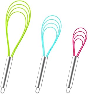 Webake Flat Whisk Silicone Kitchen Egg Sauce Whisk 3 Pcs 8 10 12'' Heat Resistant Mini Whisk for Blending, Whisking, Beating, Stirring