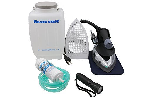 Silver Star Bottle Steam Iron ES-300 Gravity Feed Steam Iron with Non-Stick Laminate Sole Plate, Demineralizer (110 Volt). (Includes LED Flashlight!) Silver Star Bottle Steam Iron ES-300 Gravity Feed Steam Iron with Non-Stick Laminate Sole Plate, Demineralizer (110 Volt). (Includes LED Flashlight!)