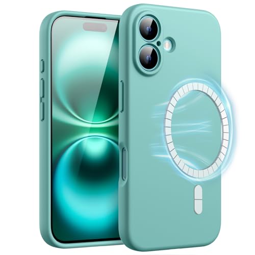 JETech Coque Magnétique Silicone pour iPhone 16 6,1 Pouces, Compatible avec MagSafe, Toucher Doux et Soyeux, Étui Housse Protection Complète de l'Objectif de Caméra (Bleu Vert)