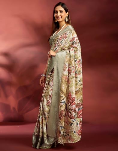 Image of SIRIL Women's Dola Silk Printed Jacquard Border Ready To Wear Saree with Unstitched Blouse Piece