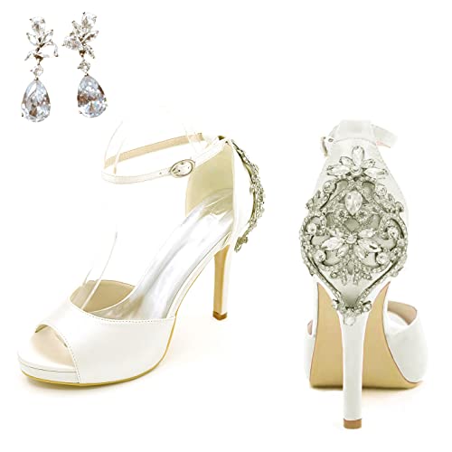 Image of Lady Satin Dress Platform High Heels Wedding Sandals Crystal Back with Free Earrings