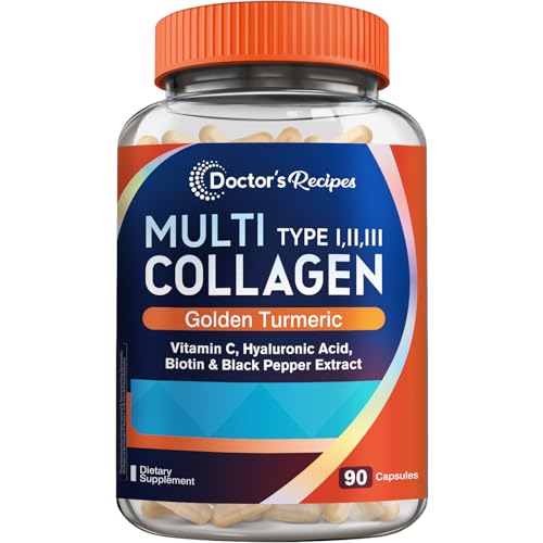 Doctor's Recipes Multi Collagen Peptides with Golden Turmeric, Vitamin C, Biotin, Hyaluronic Acid & Black Pepper, Collagen for Women and Men, 90 Caps
