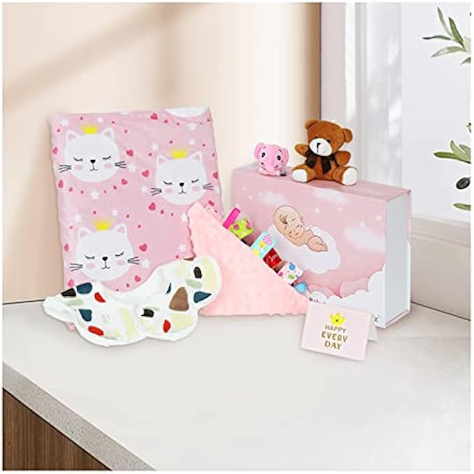 Firstsix Baby Gift Sets, Newborn Baby Gift for Girls and Boys with Minky Blankets, Toys, Bib, Rattle, Card and Gift Box, Unique Baby Loveys Gifts Basket Essential Stuff, Pink