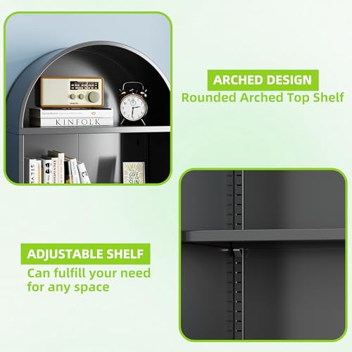 Image of 72.3 inch Black Metal Arched Bookcase with Lockable Wheels, 2 Adjustable Shelves, Tall Rolling Storage Cabinet for Living Room, Home Office, School, Assembly Required